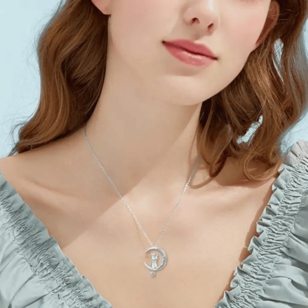 inscribed Crescent Moon Cat Cremation Necklace Sterling Silver