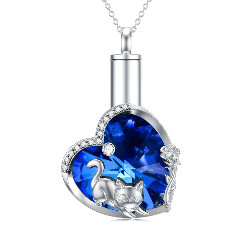 Blue Crystal Cat Heart Cremation Necklace Sterling Silver