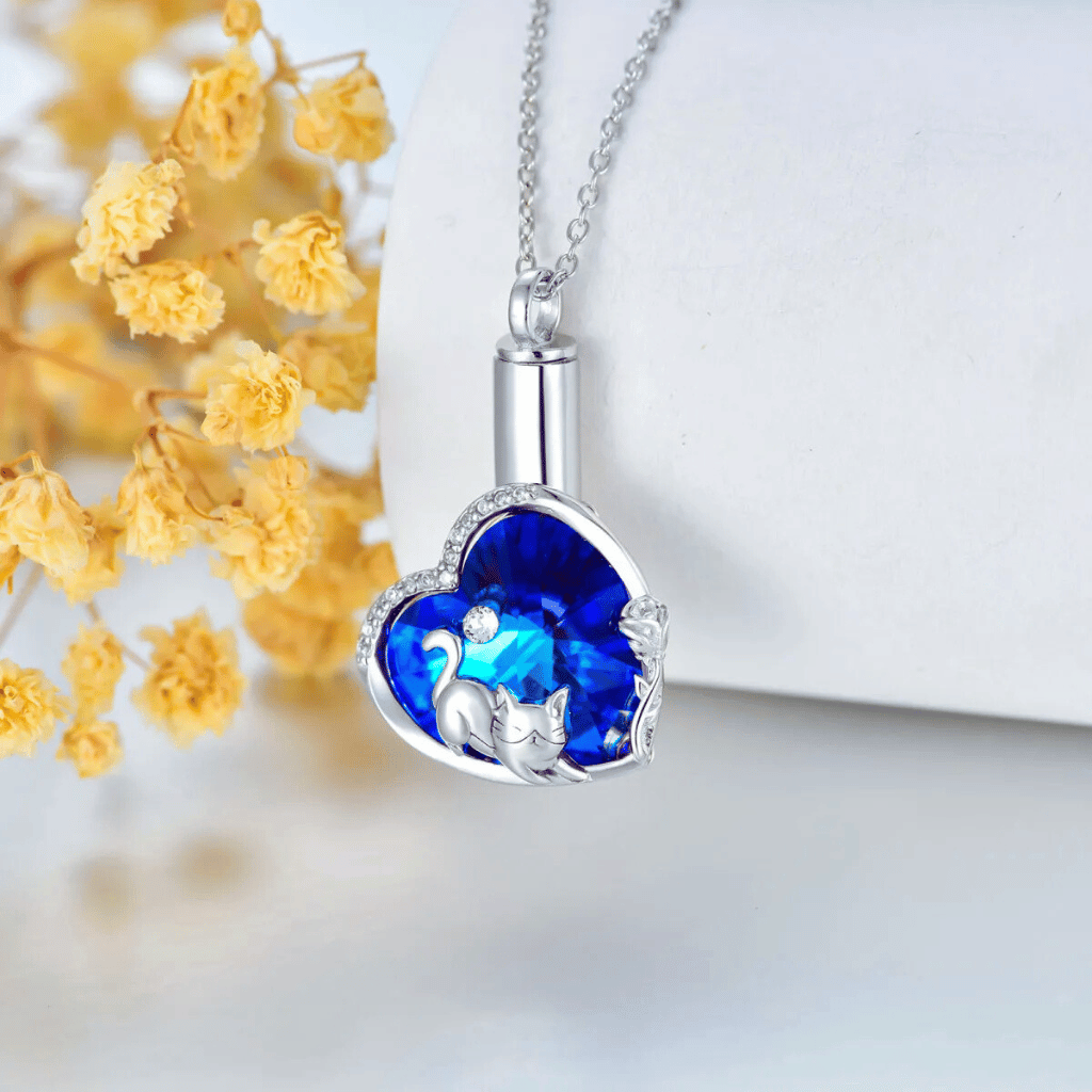 Blue Crystal Cat Heart Cremation Necklace Sterling Silver