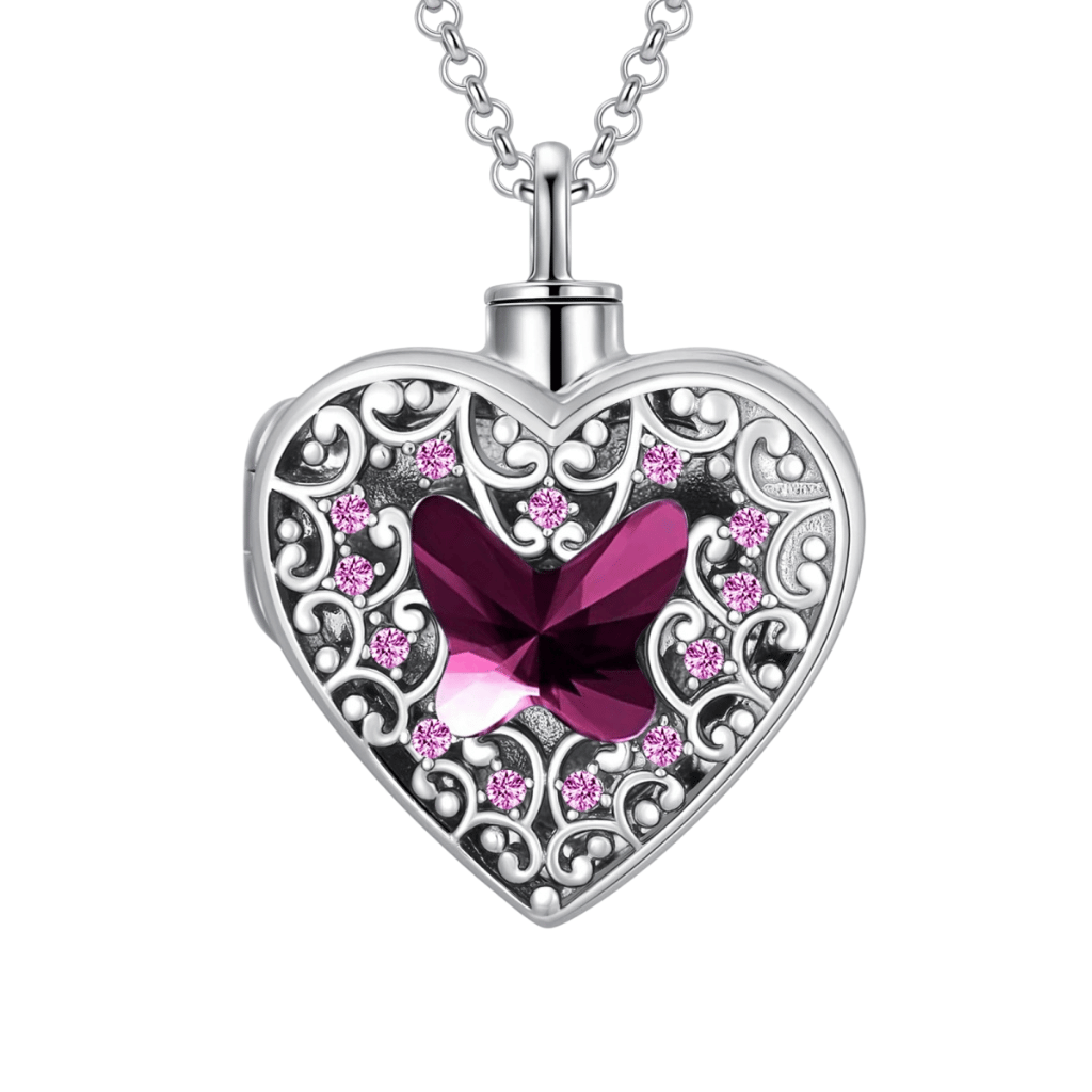Purple Crystal Heart Cremation Locket Sterling Silver