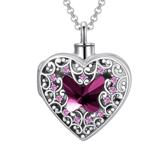Purple Crystal Heart Cremation Locket Sterling Silver