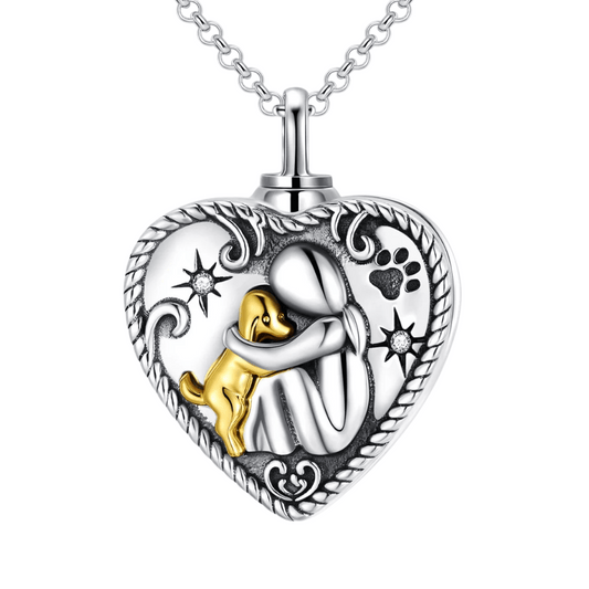 Dog Heart Hug Gold Plated Cremation Necklace Sterling Silver