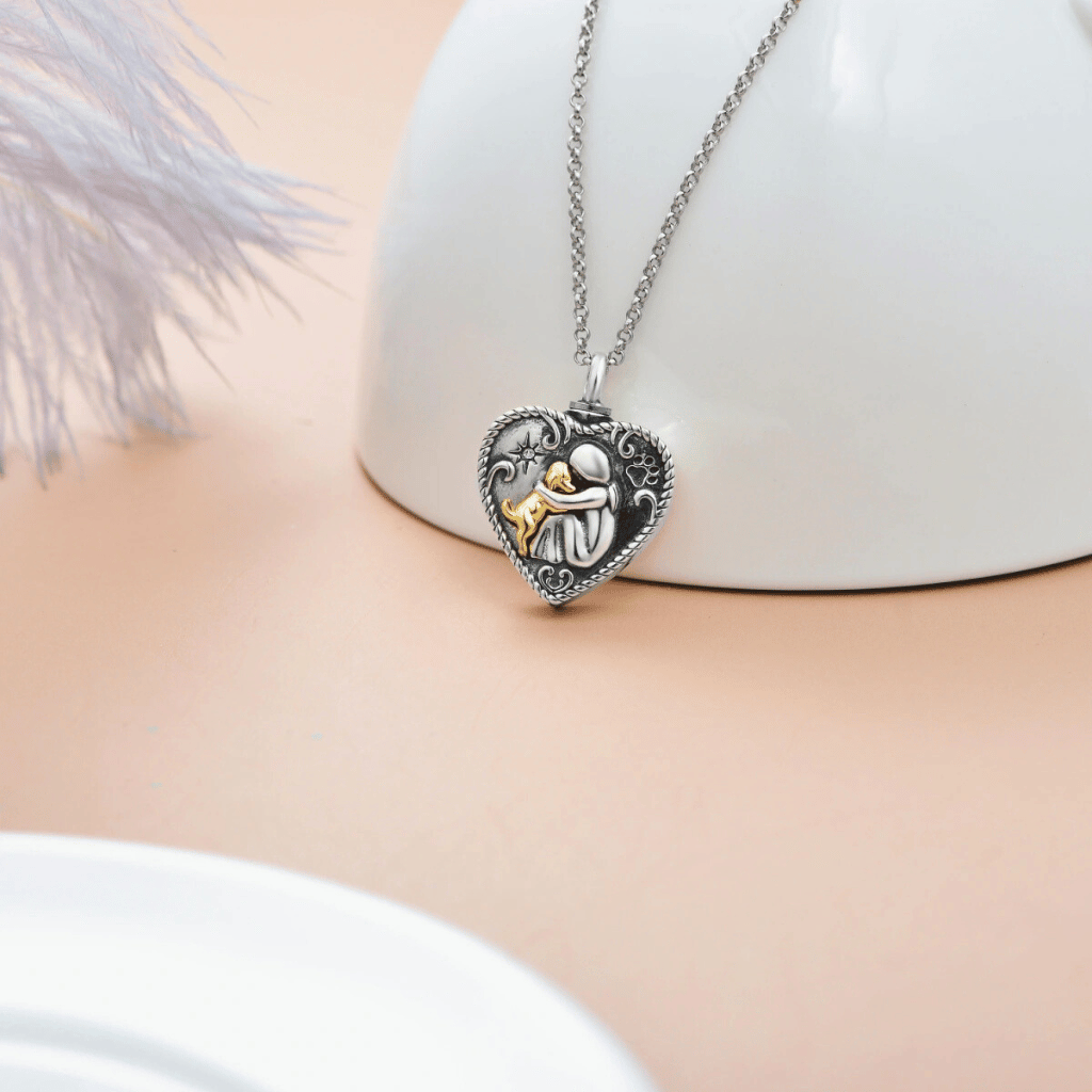 Dog Heart Hug Gold Plated Cremation Necklace Sterling Silver
