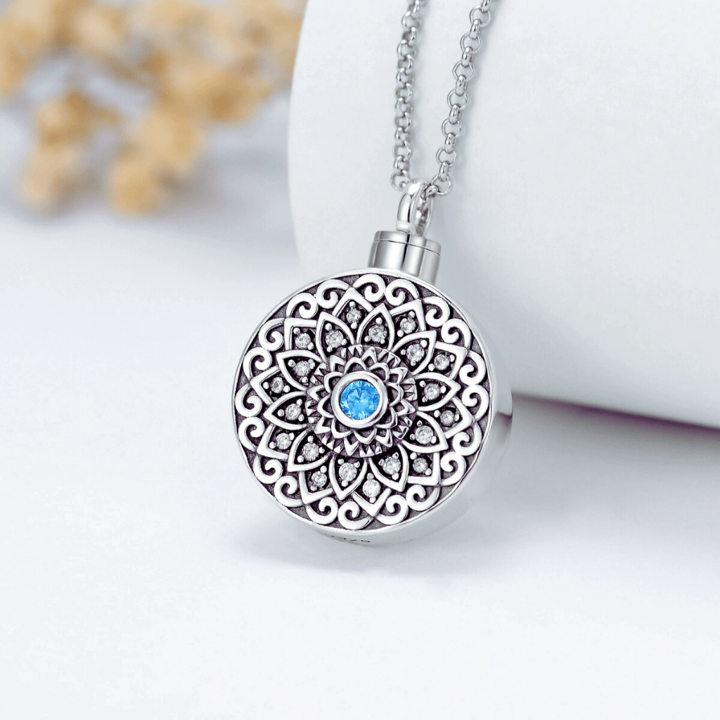 Blue Crystal Mandala Cremation Necklace Sterling Silver