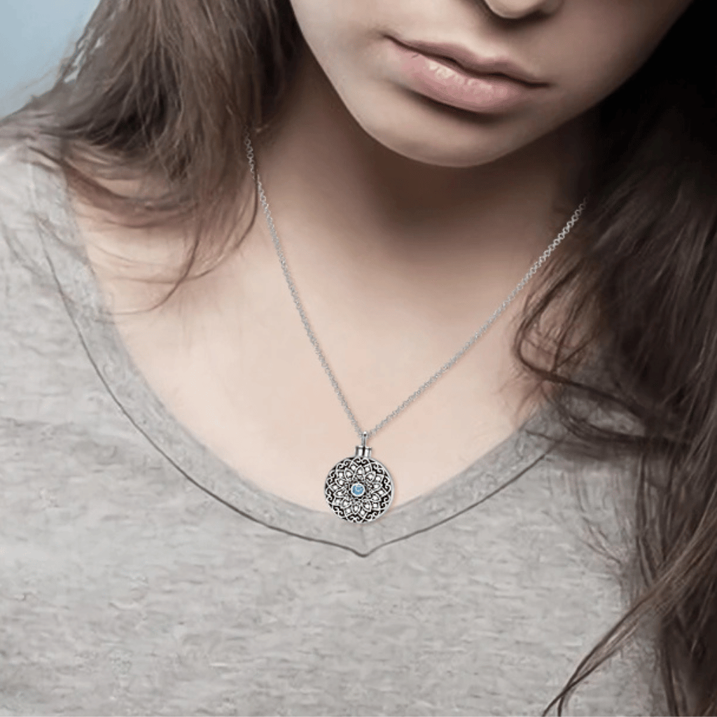 Blue Crystal Mandala Cremation Necklace Sterling Silver