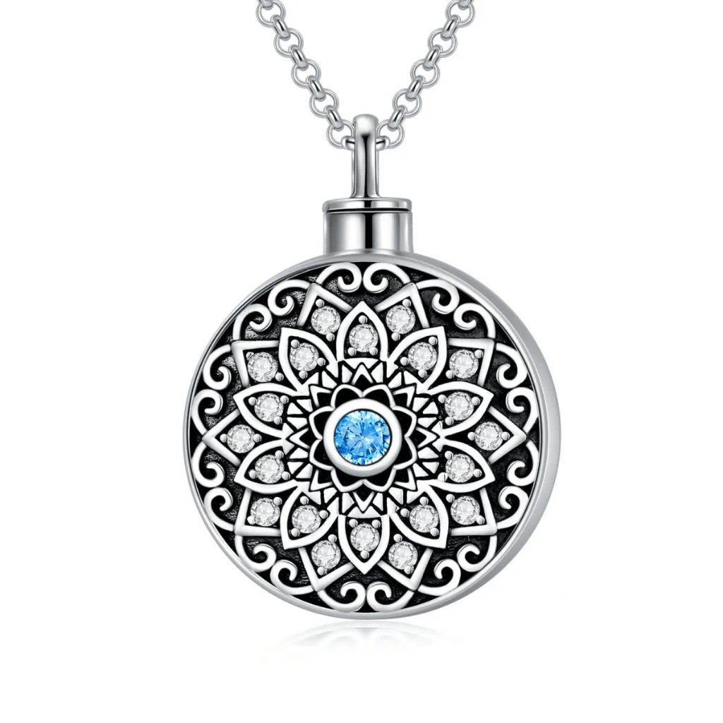 Blue Crystal Mandala Cremation Necklace Sterling Silver