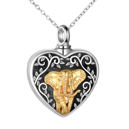 Gold Elephant Heart Cremation Necklace Sterling Silver