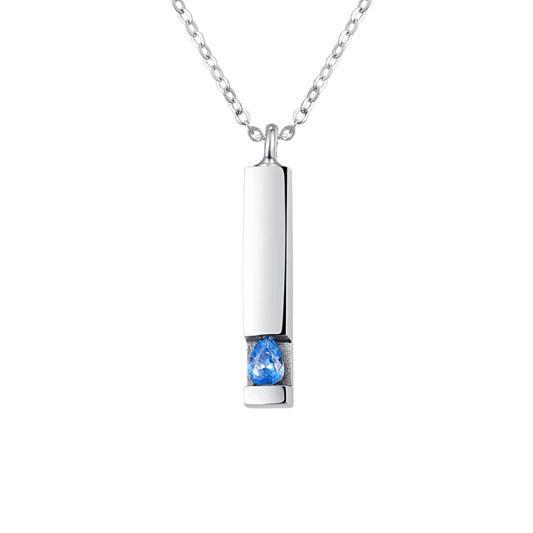 Blue Crystal Squared Cylinder Cremation Necklace Sterling Silver