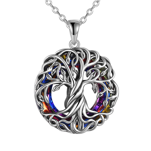 Multicoloured Crystal Wreath Tree Cremation Necklace Sterling Silver