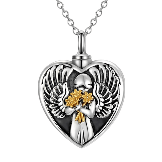 Angel Holding Flowers Cremation Necklace Sterling Silver