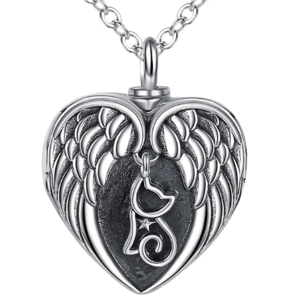 Winged Cat Cremation Locket Sterling Silver