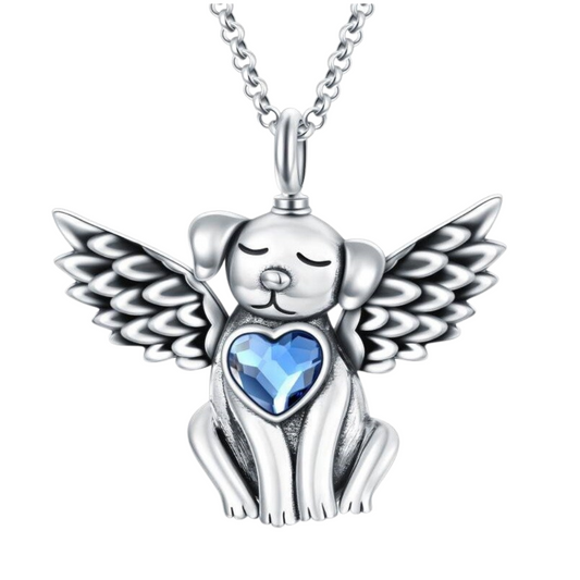 Blue Crystal Heart Dog Angel Cremation Necklace Sterling Silver