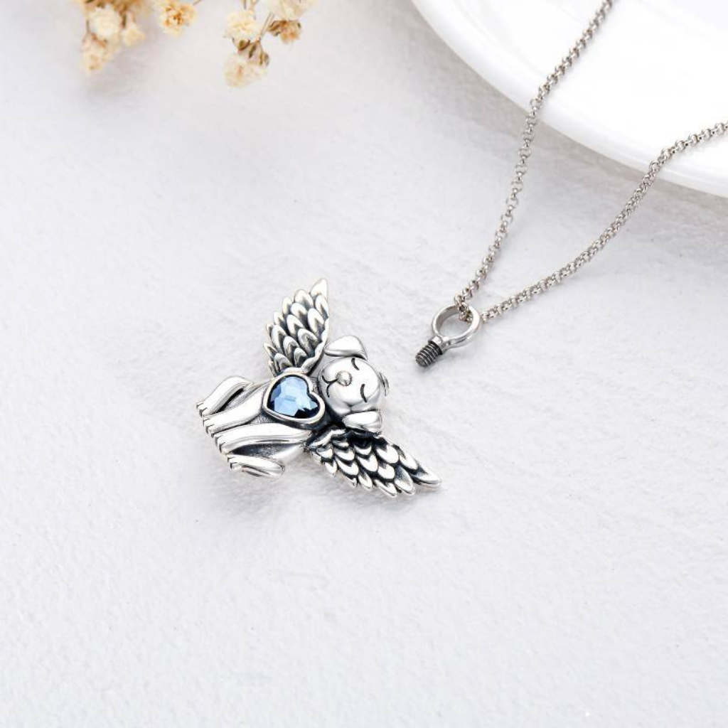 Blue Crystal Heart Dog Angel Cremation Necklace Sterling Silver