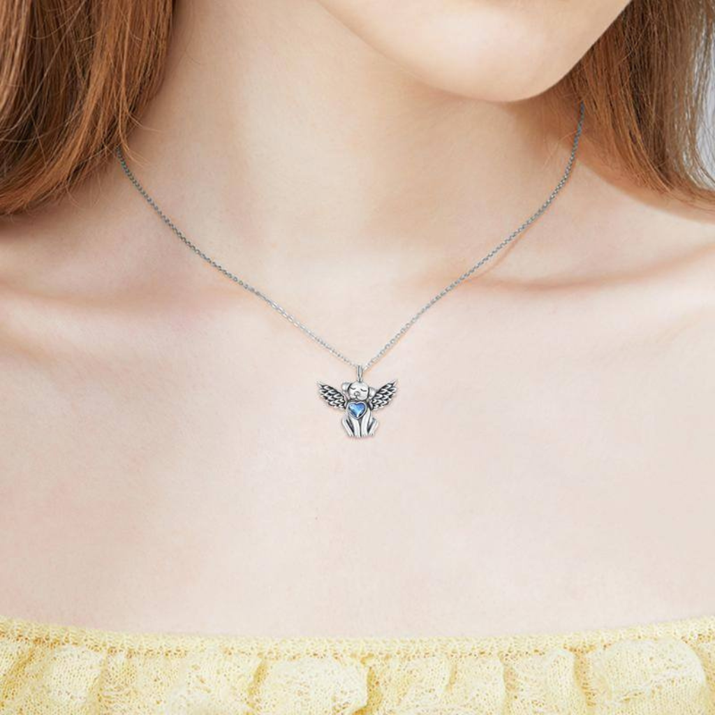 Blue Crystal Heart Dog Angel Cremation Necklace Sterling Silver