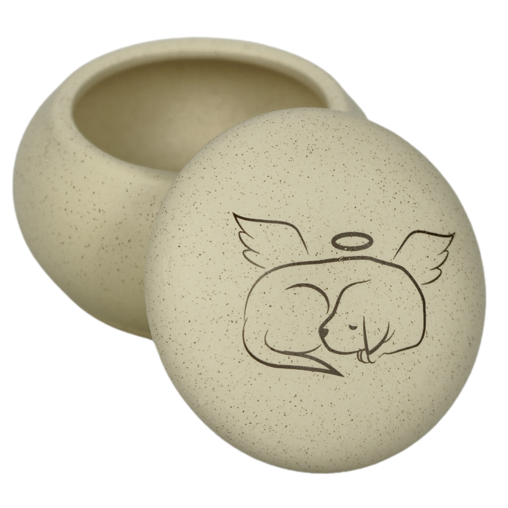 White my puppy angel ceramic urn lid off