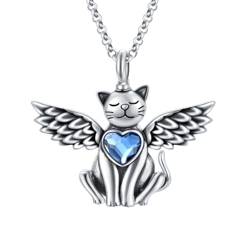Cat Angel Blue Crystal Cremation Necklace Sterling Silver