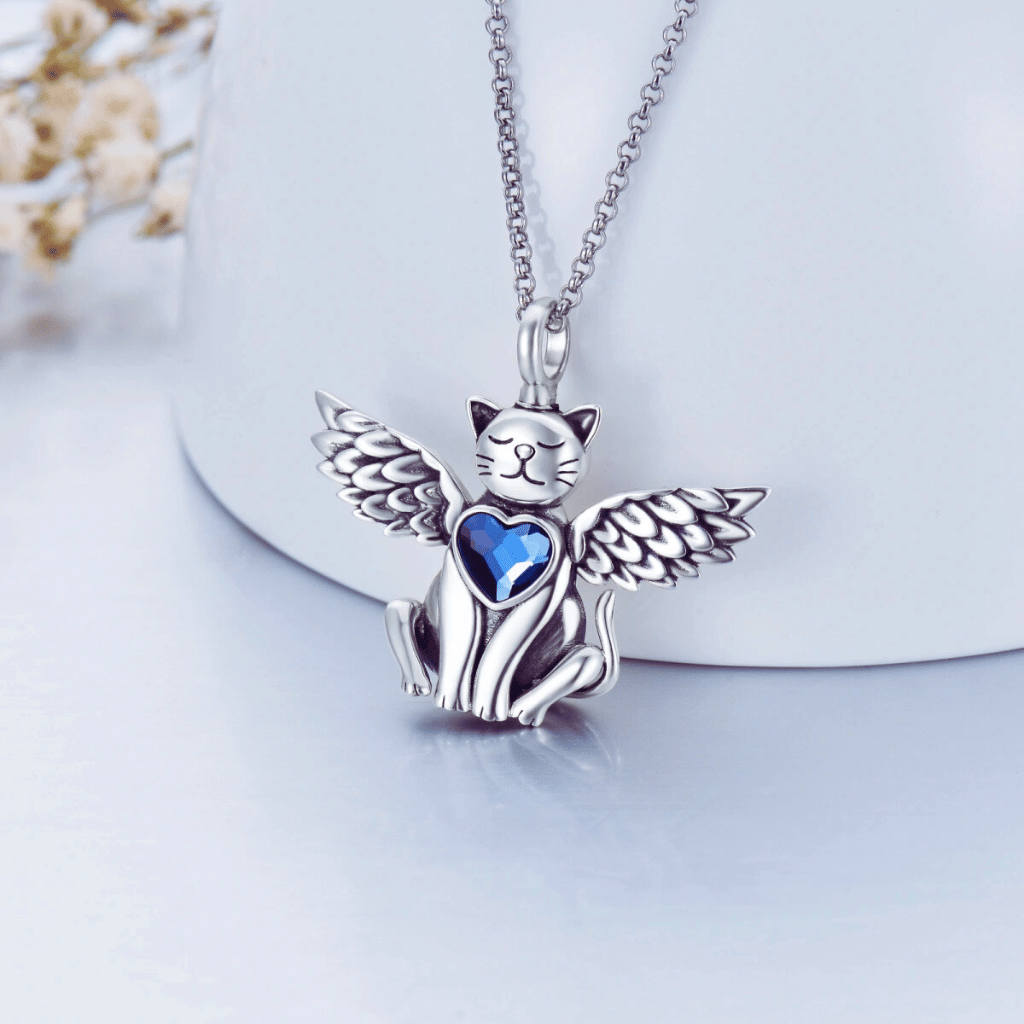 Cat Angel Blue Crystal Cremation Necklace Sterling Silver