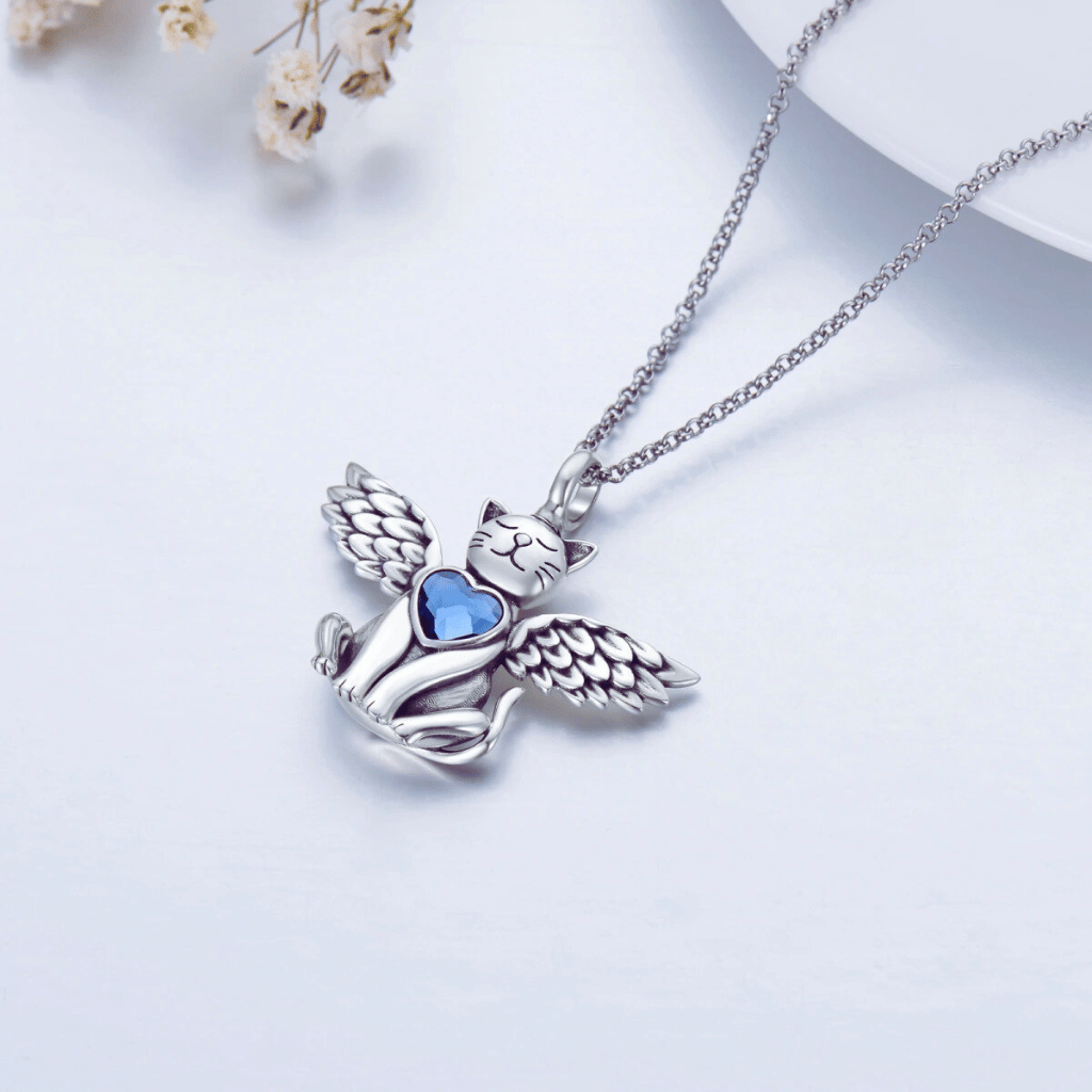 Cat Angel Blue Crystal Cremation Necklace Sterling Silver