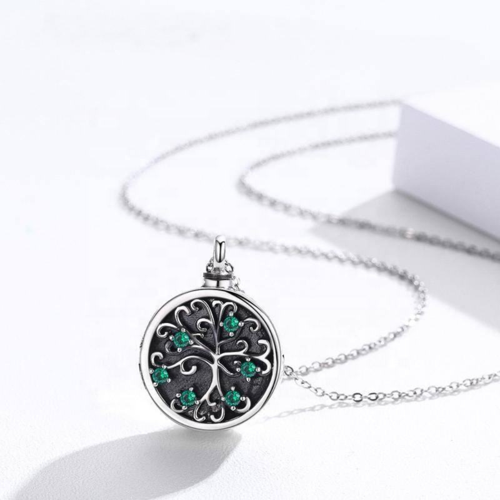 Tree Roots With Green Crystals Cremation Locket Sterling Silver