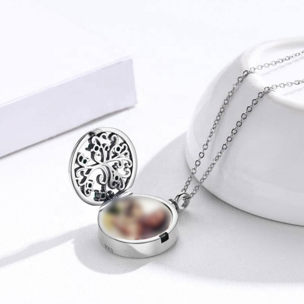 Tree Roots With Green Crystals Cremation Locket Sterling Silver