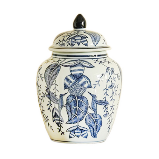 Floral Birds Blue Porcelain Cremation Urn