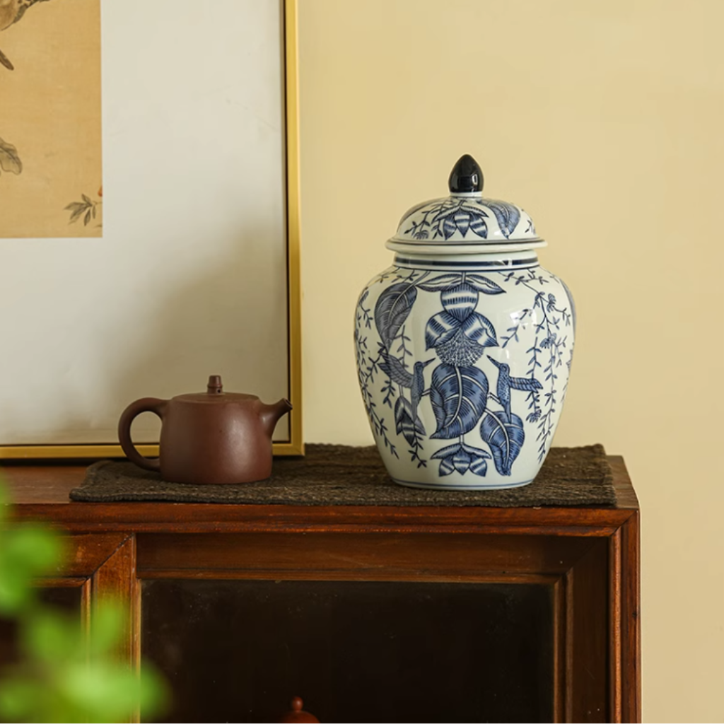 Floral Birds Blue Porcelain Cremation Urn