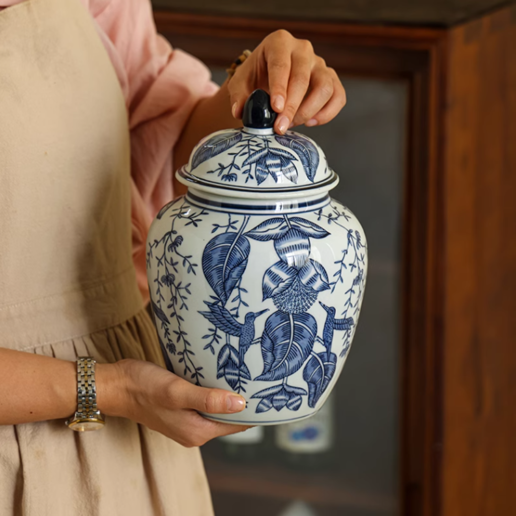 Floral Birds Blue Porcelain Cremation Urn