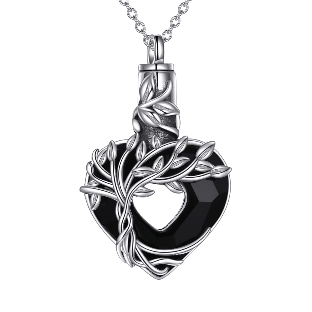 Black Crystal Heart Tree Silver Cremation Necklace Sterling Silver