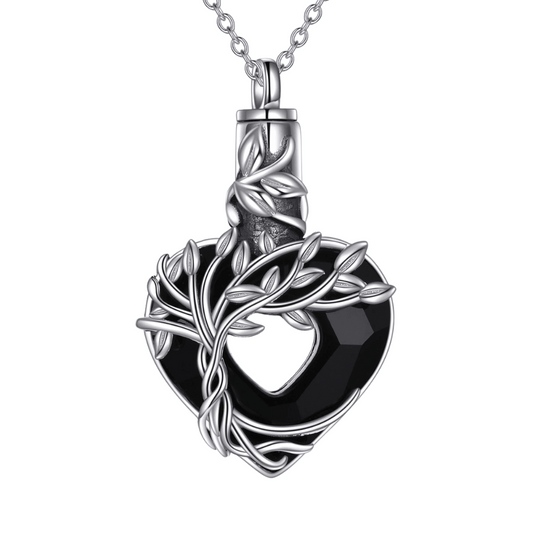 Black Crystal Heart Tree Silver Cremation Necklace Sterling Silver