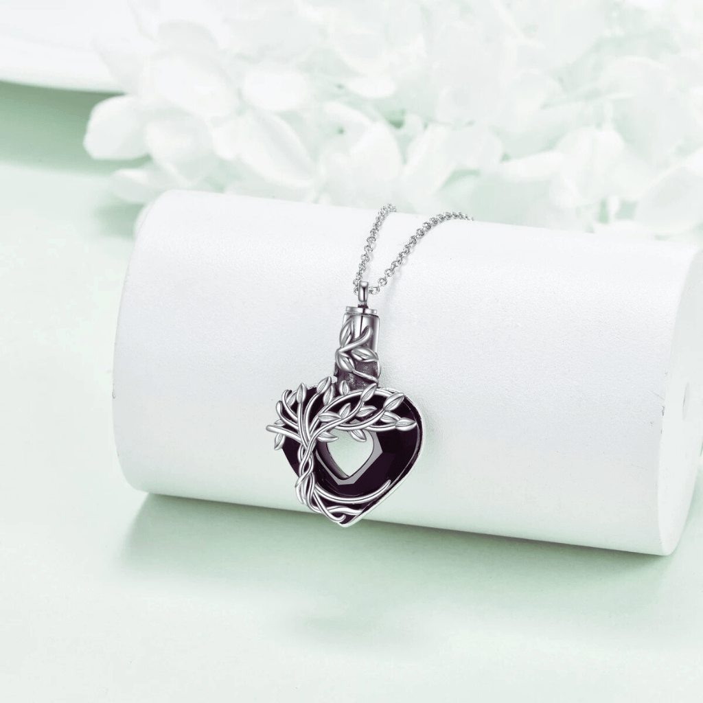 Black Crystal Heart Tree Silver Cremation Necklace Sterling Silver
