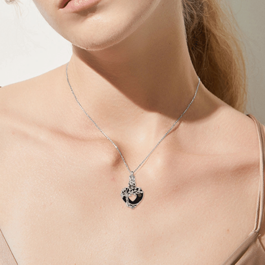 Black Crystal Heart Tree Silver Cremation Necklace Sterling Silver