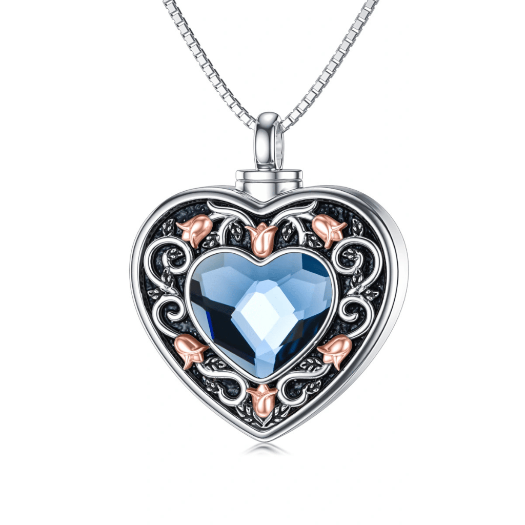 Blue Crystal Heart Cremation Necklace Sterling Silver D3