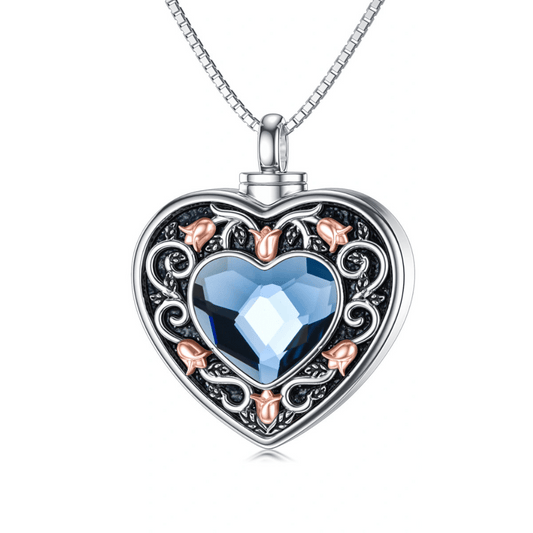 Blue Crystal Heart Cremation Necklace Sterling Silver D3