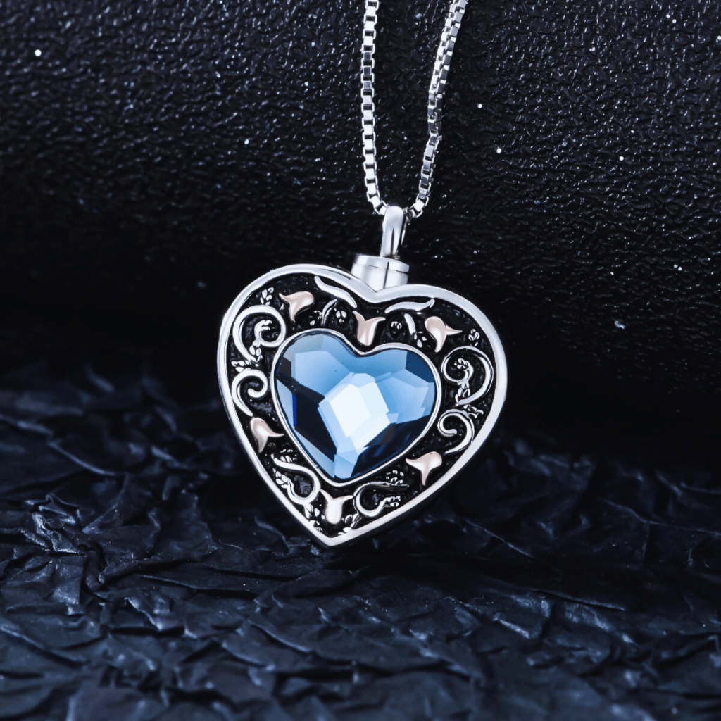 Blue Crystal Heart Cremation Necklace Sterling Silver D3