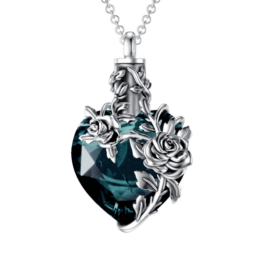 Dark Blue Crystal With Flowers Cremation Necklace Sterling Silver