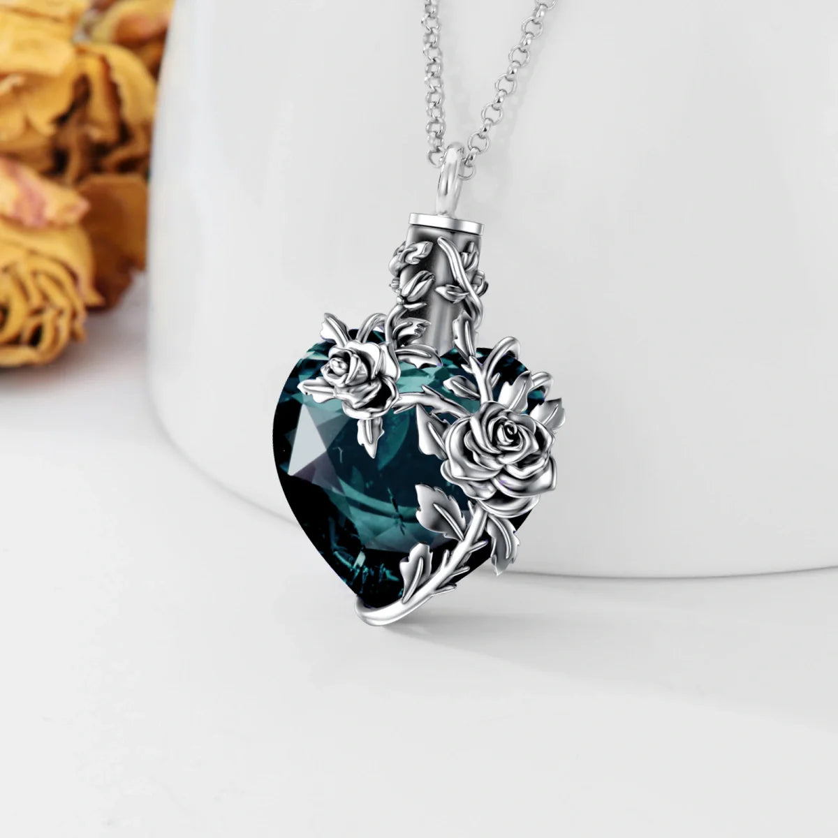 Dark Blue Crystal With Flowers Cremation Necklace Sterling Silver