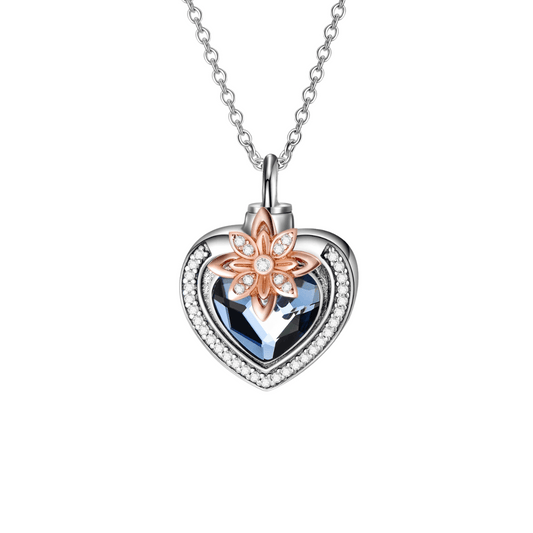 Blue Crystal Heart Flower Cremation Necklace Sterling Silver