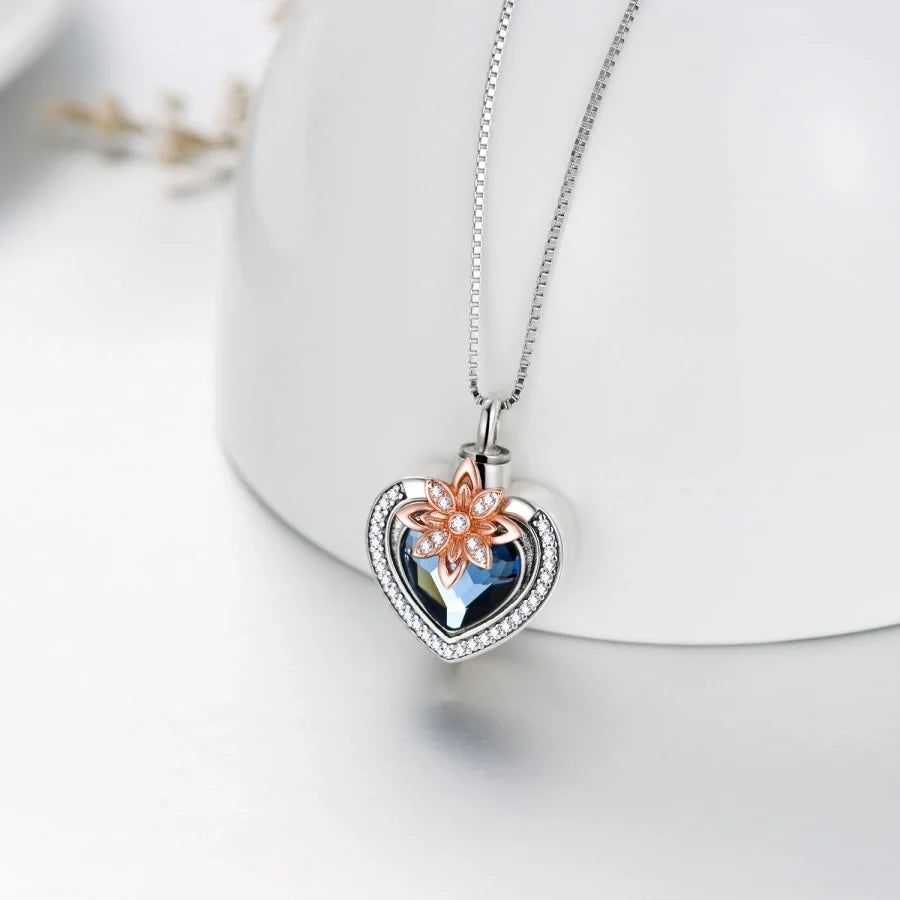 Blue Crystal Heart Flower Cremation Necklace Sterling Silver