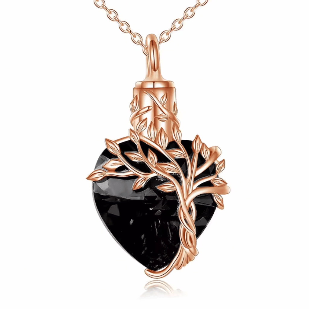 Black Crystal Heart Rose Gold Tree Cremation Necklace Sterling Silver