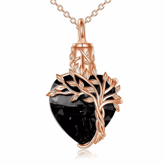 Black Crystal Heart Rose Gold Tree Cremation Necklace Sterling Silver