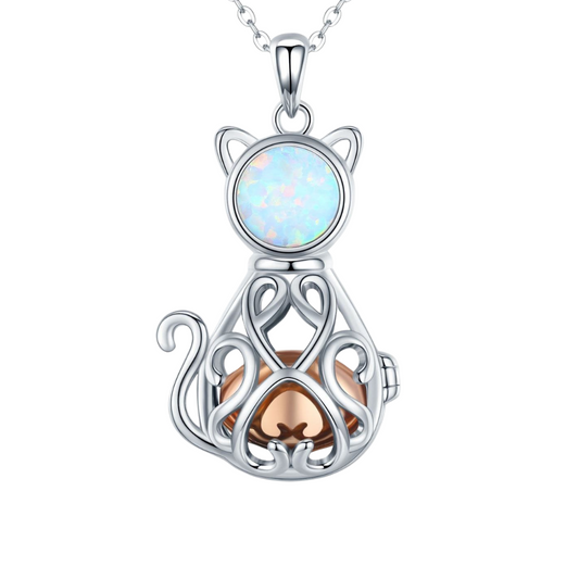Hollow Opal Cat Cremation Necklace Sterling Silver