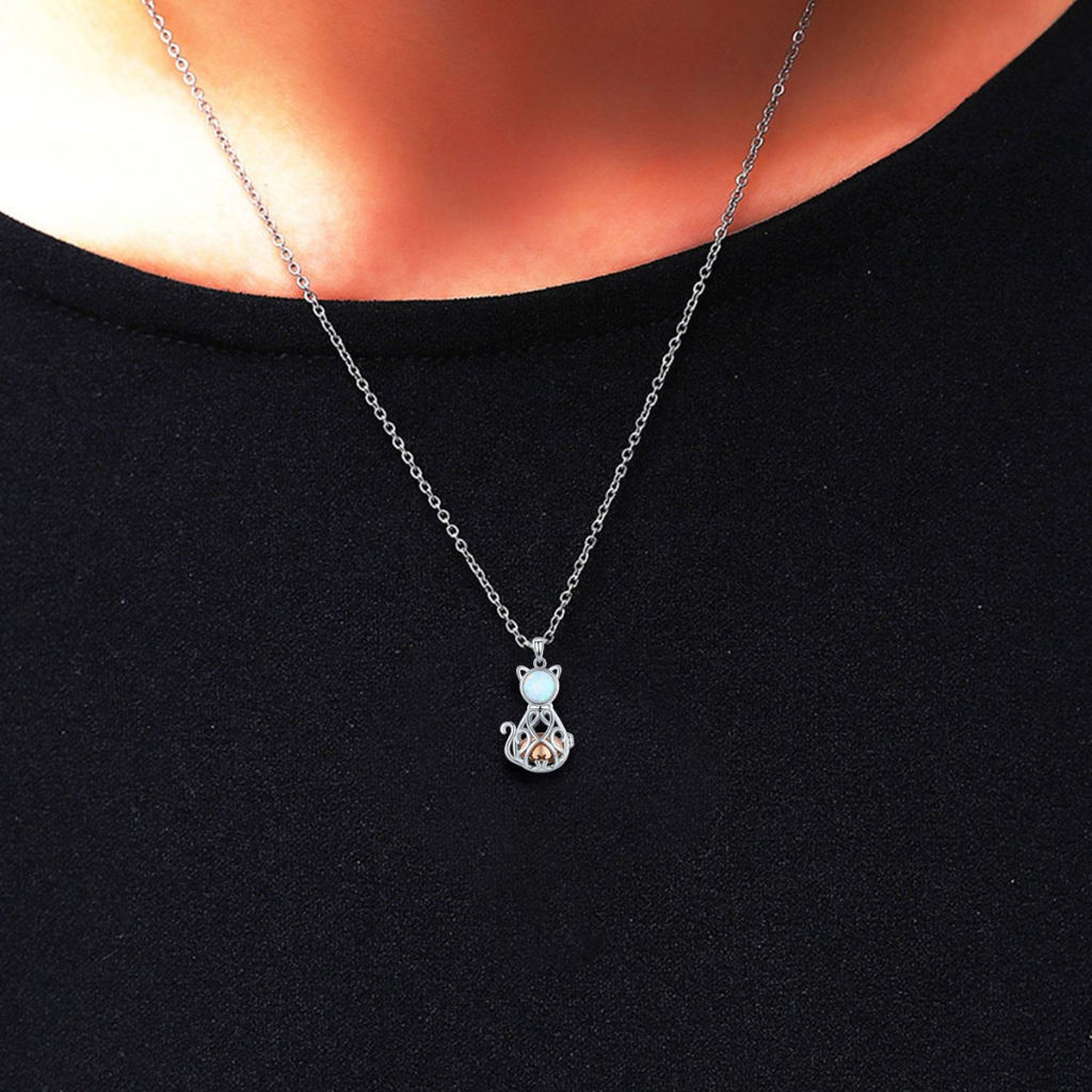 Hollow Opal Cat Cremation Necklace Sterling Silver