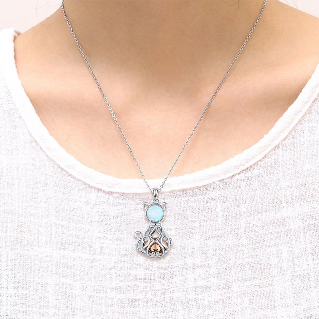 Hollow Opal Cat Cremation Necklace Sterling Silver