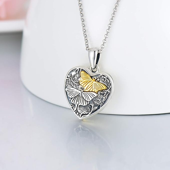 Butterflies Heart Cremation Necklace Sterling Silver