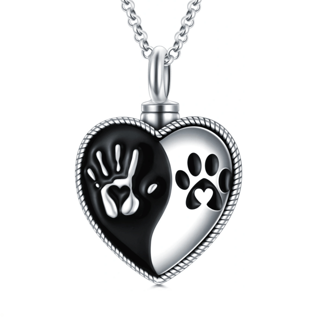 Black And White Heart Pet Cremation Necklace Sterling Silver