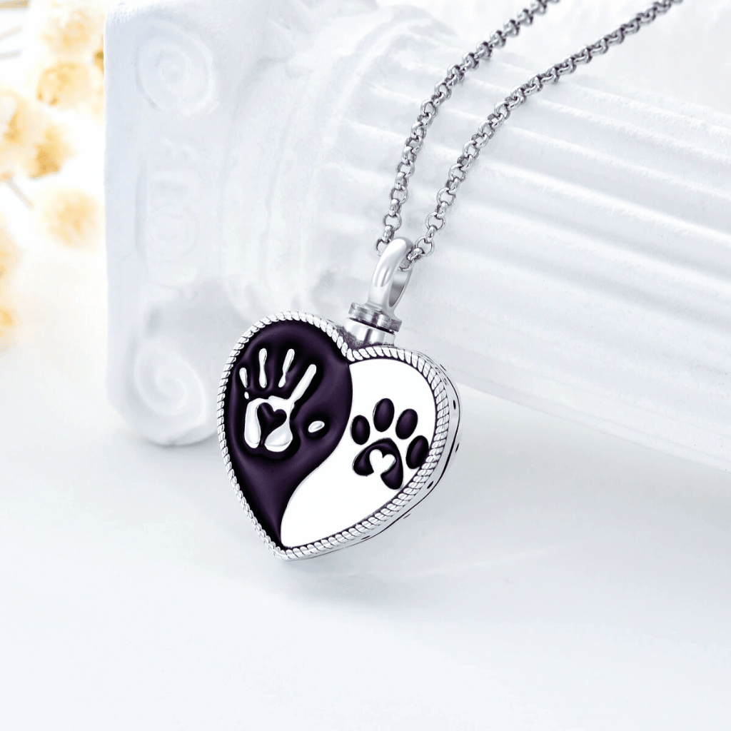 Black And White Heart Pet Cremation Necklace Sterling Silver