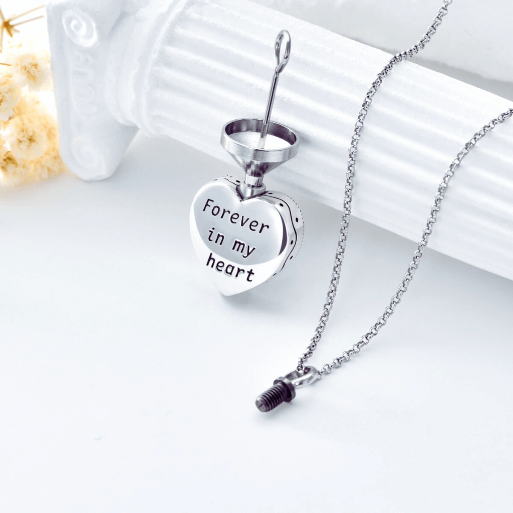 Black And White Heart Pet Cremation Necklace Sterling Silver