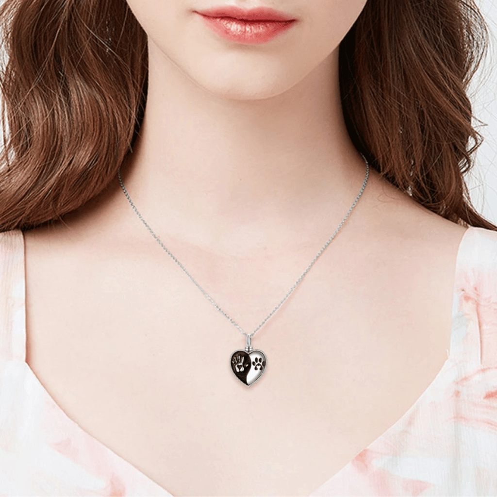 Black And White Heart Pet Cremation Necklace Sterling Silver