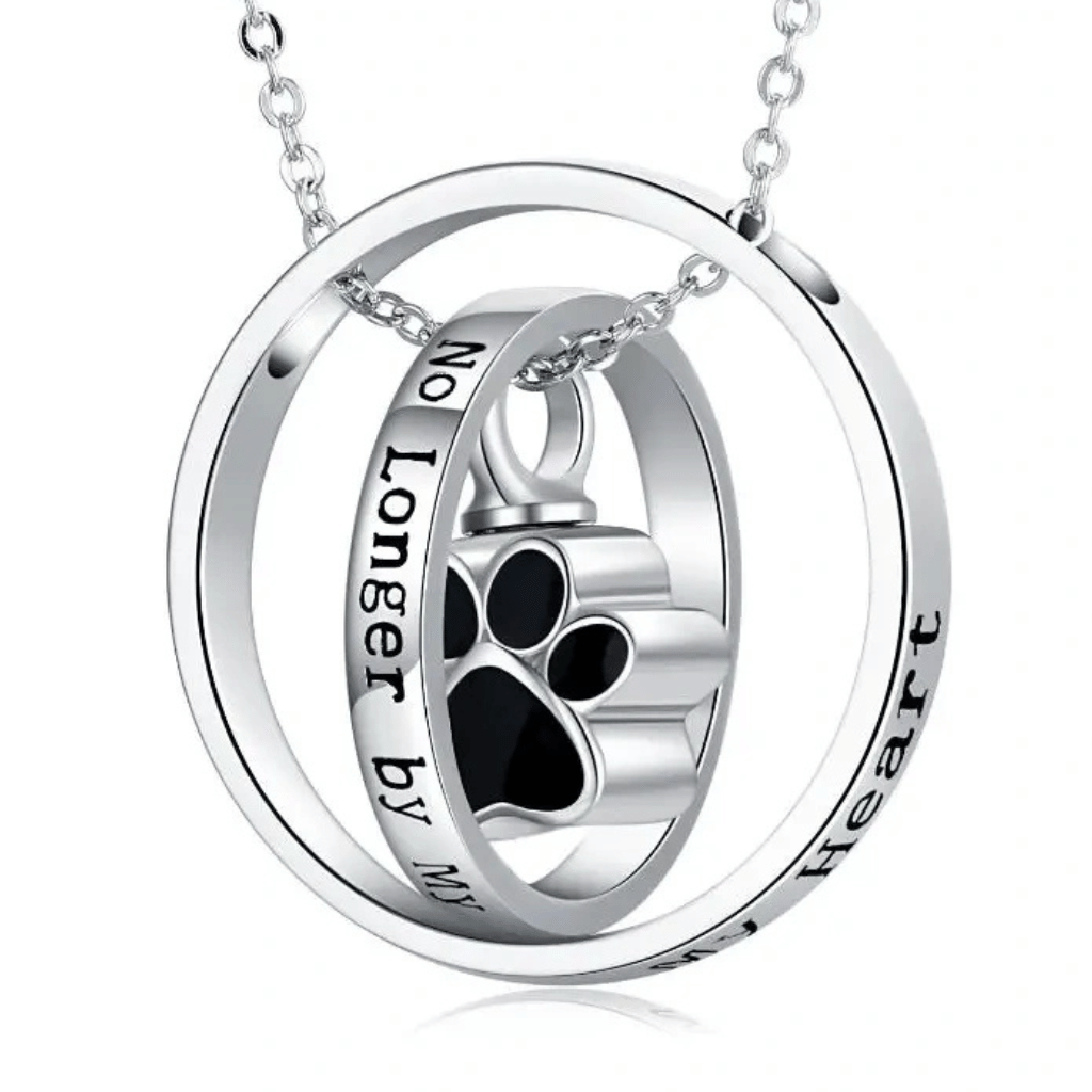Two Rings Black Pawprint Cremation Necklace Sterling Silver