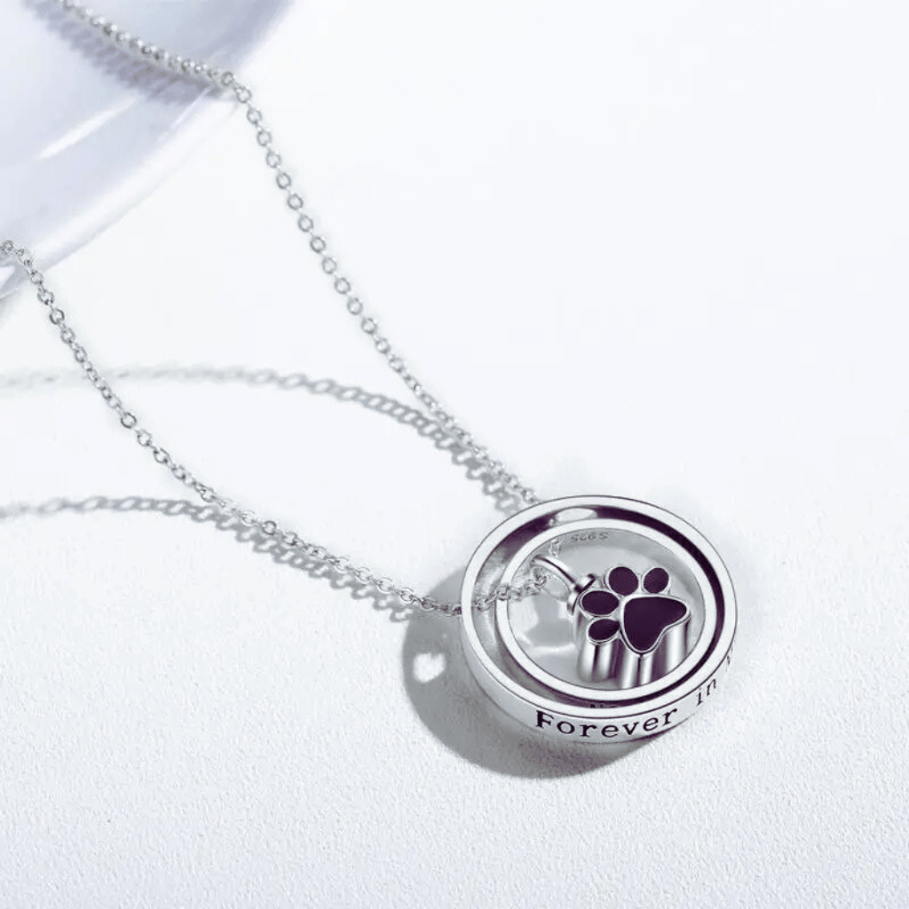 Two Rings Black Pawprint Cremation Necklace Sterling Silver